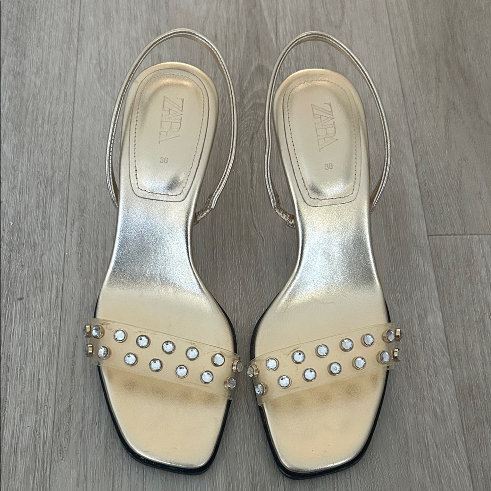 Zara Metallic Gold Sandals with Crystal Accents